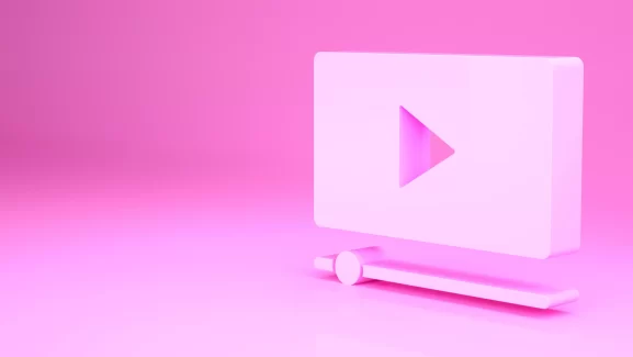 simbolo de vídeo em 3d em fundo rosa. banner post tendências de marketing